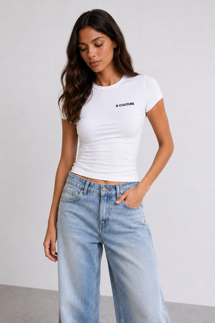 Wide-Leg Denim Jeans & Fitted T-Shirt Set - Light Blue/White
