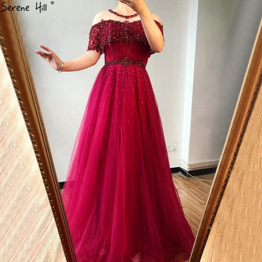 Wine Red Sequin A-Line Evening Dress with Short Sleeves LA70352 - SERENE HILL