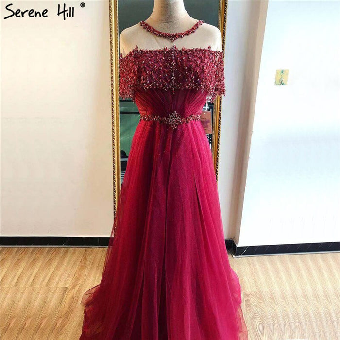 Wine Red Sequin A-Line Evening Dress with Short Sleeves LA70352 - SERENE HILL
