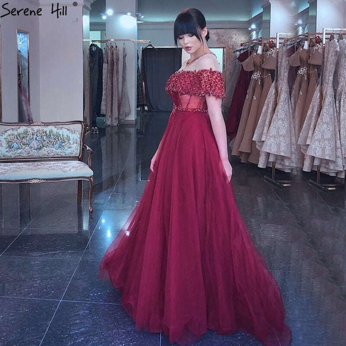 Wine Red Sequin A-Line Evening Dress with Short Sleeves LA70352 - SERENE HILL