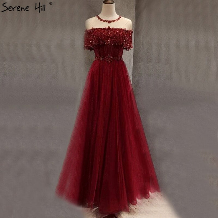 Wine Red Sequin A-Line Evening Dress with Short Sleeves LA70352 - SERENE HILL