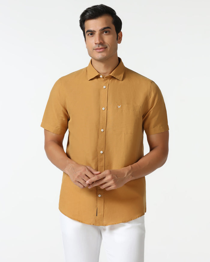 Yellow Half Sleeve Linen Solid Shirt - Salmon